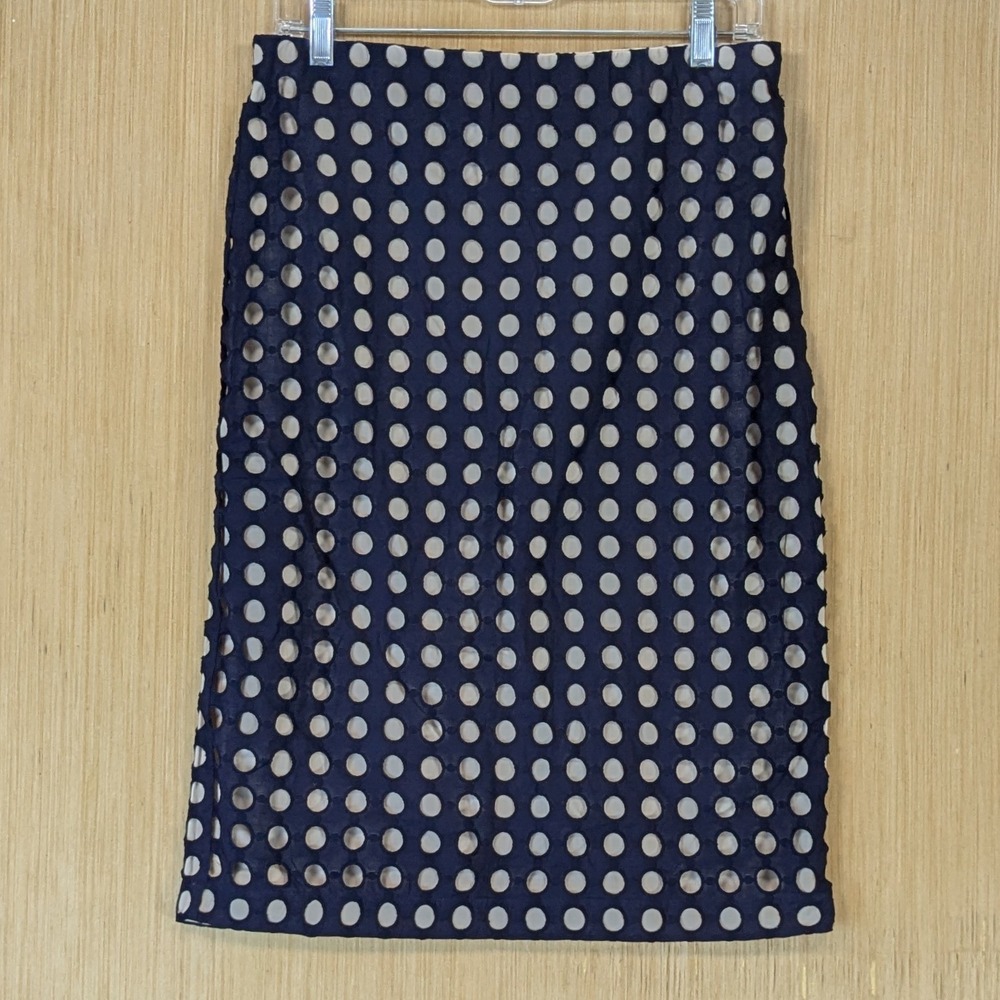 Ann Taylor Preppy Office Old Money Navy Blue Eyelet Polka Dot Pencil Skirt 8T